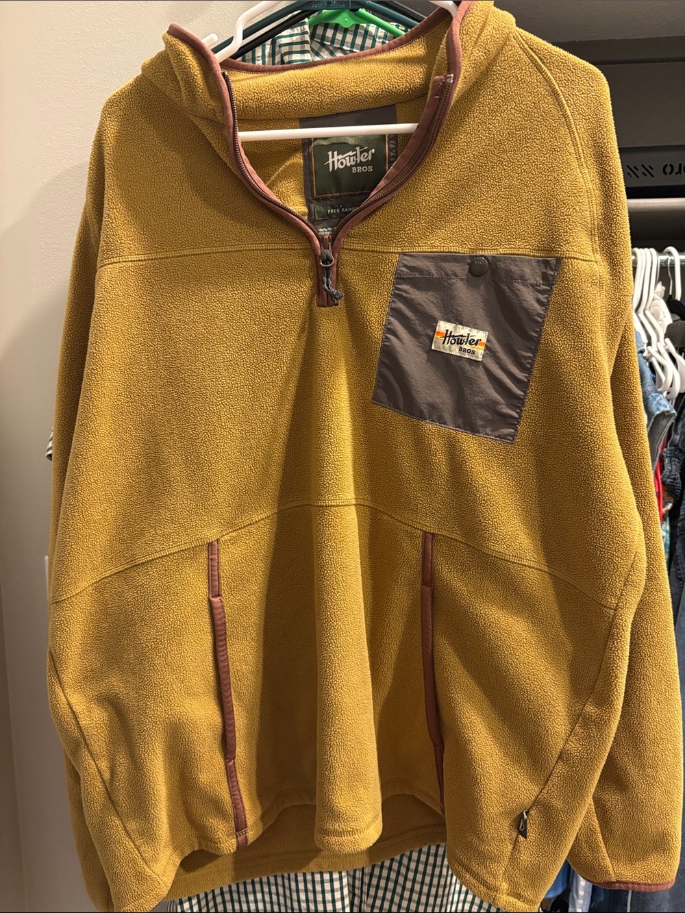 Howler Brothers Men's Mustard Fleece Quarter-Zip with Brown Chest Pocket